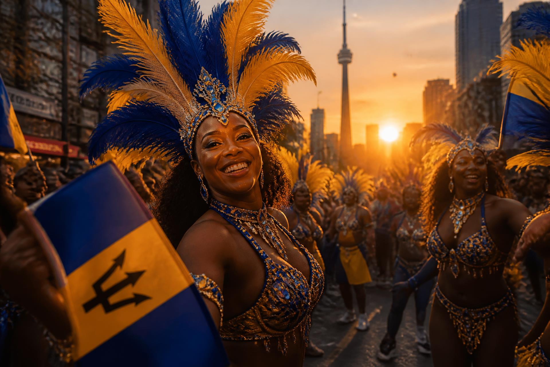 Carnival masqueraders in Barbadian blue and gold dancing at sunset in Toronto